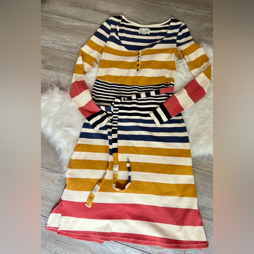 ANTHRO | Striped Ribbed Long Sleeve Fitted Retro Style Midi Dress (S) - Picture 1 of 7